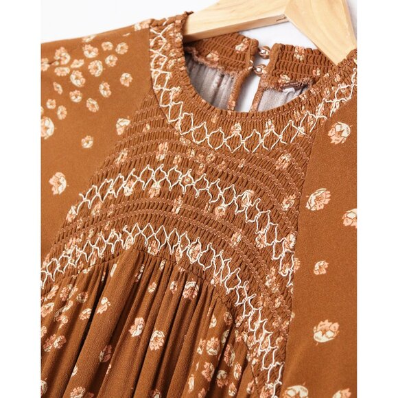 Free People Flowers In Her Hair Brown Boho Tunic Longline S Smocked Ditsy $118 - Picture 8 of 16